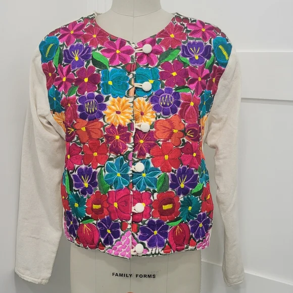Floral Artisanal Colorful Handmade Embroidered Mayan Crop Jacket Size XL - Picture 2 of 13